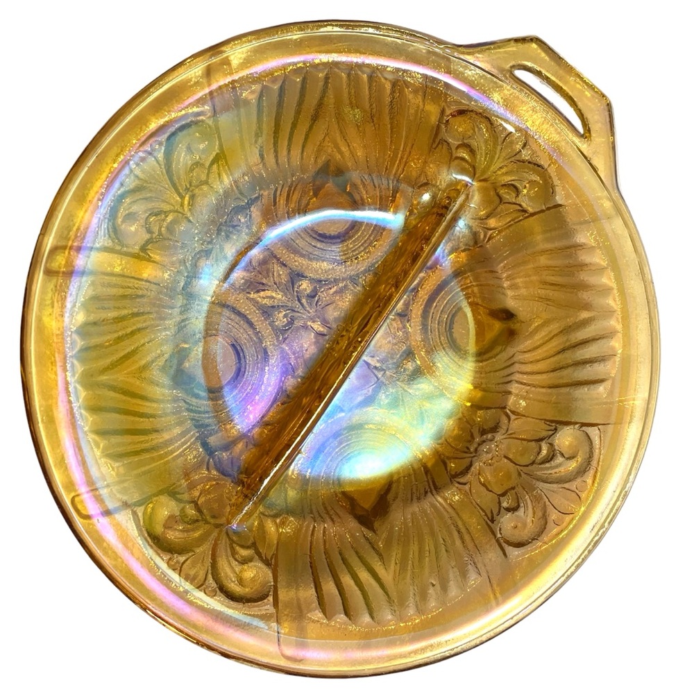 Vintage 1970s Indiana Glass Divided Relish Dish - Amber Carnival Pressed Glass